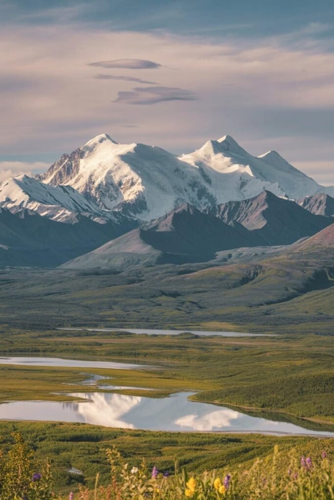 Panoramic view of the Alaska Range mountains in Denali National Park under clear summer skies with tundra in the foreground