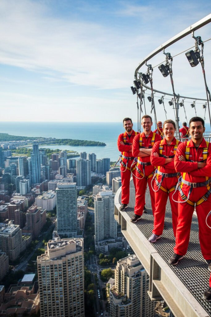 Visitors on CN Tower EdgeWalk overlooking Lake Ontario and Toronto skyline – Pathfinders Travel itinerary guide