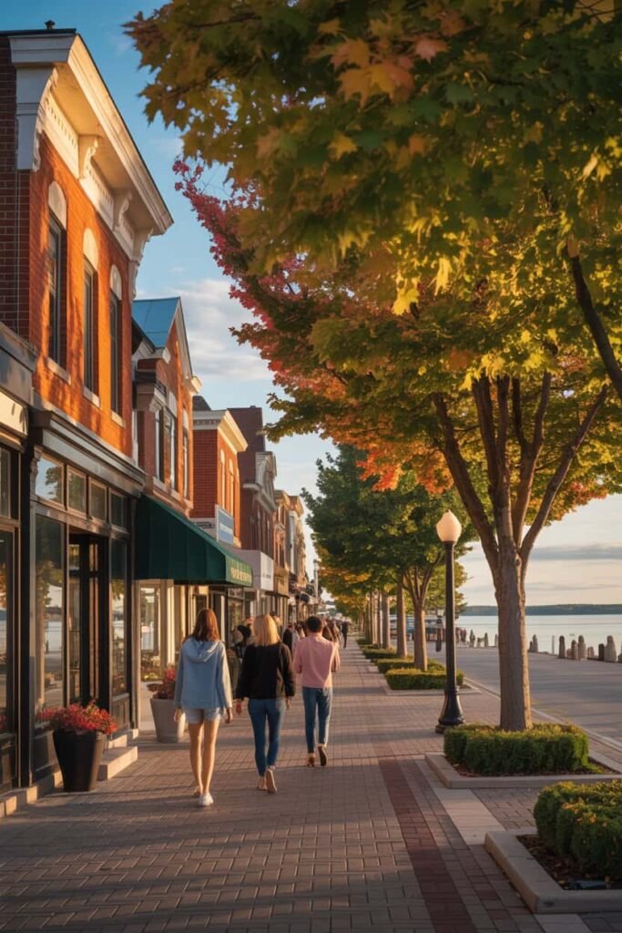 Downtown Oakville Lakeshore Road heritage district with boutique shops, brick buildings, and tree-lined streets featured in Pathfinders Travel’s Oakville Ontario guide.