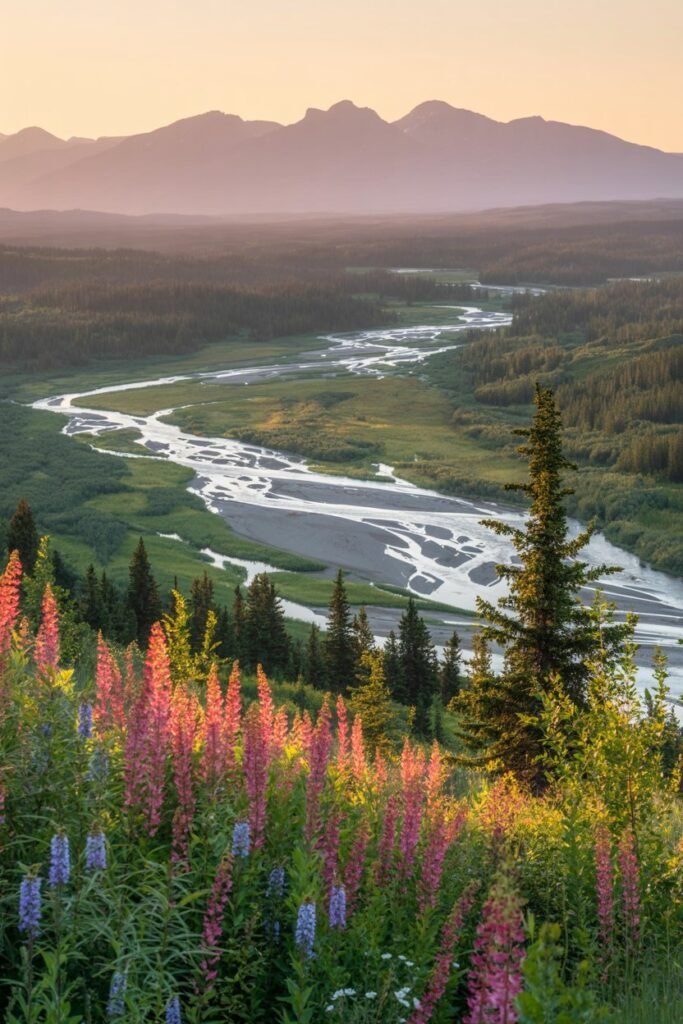 Fairbanks Alaska summer landscape under the midnight sun, showing green forests, wildflowers, and river valleys — part of Pathfinders Travel’s northern lights and Arctic Circle travel guide.