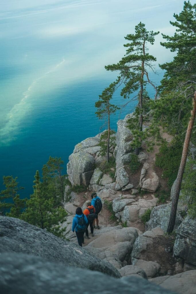 Hikers walking the Bruce Trail along Georgian Bay cliffs in Bruce Peninsula National Park near Tobermory, showcasing rugged limestone formations and turquoise waters featured by Pathfinders Travel.