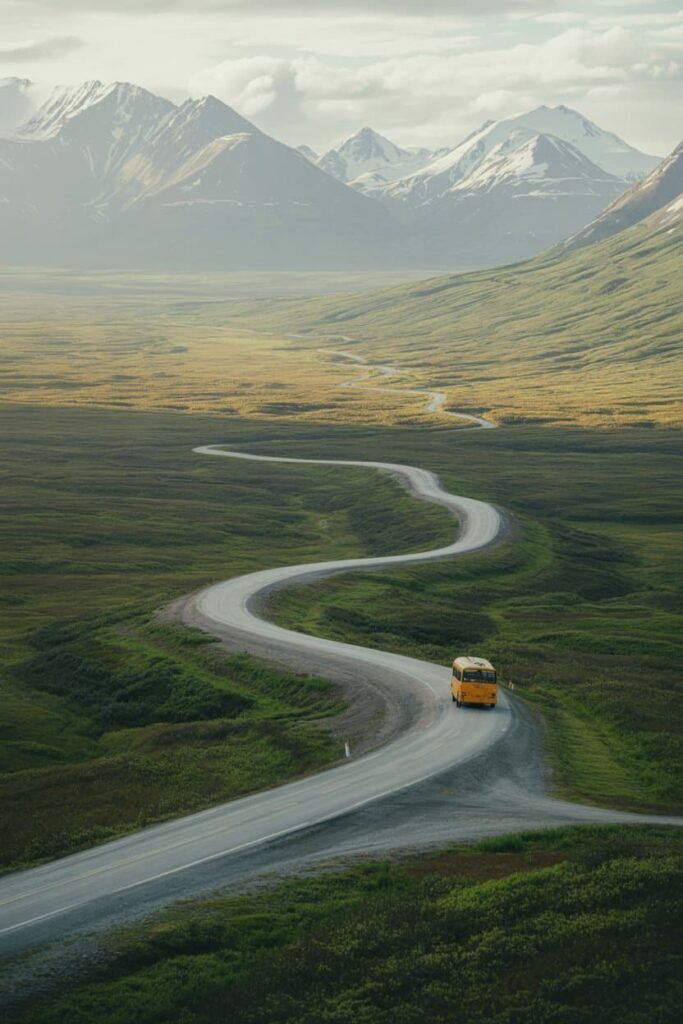 Scenic view of Denali Park Road winding through Alaska’s mountains and valleys under clear summer skies