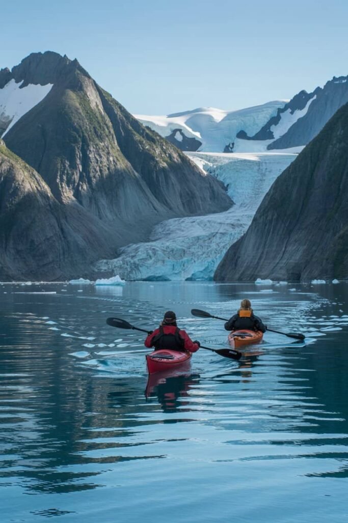 Kayaking through Resurrection Bay in Seward, Alaska, surrounded by glaciers and mountain peaks — a serene coastal adventure featured in the Kenai Fjords National Park guide by Pathfinders Travel.