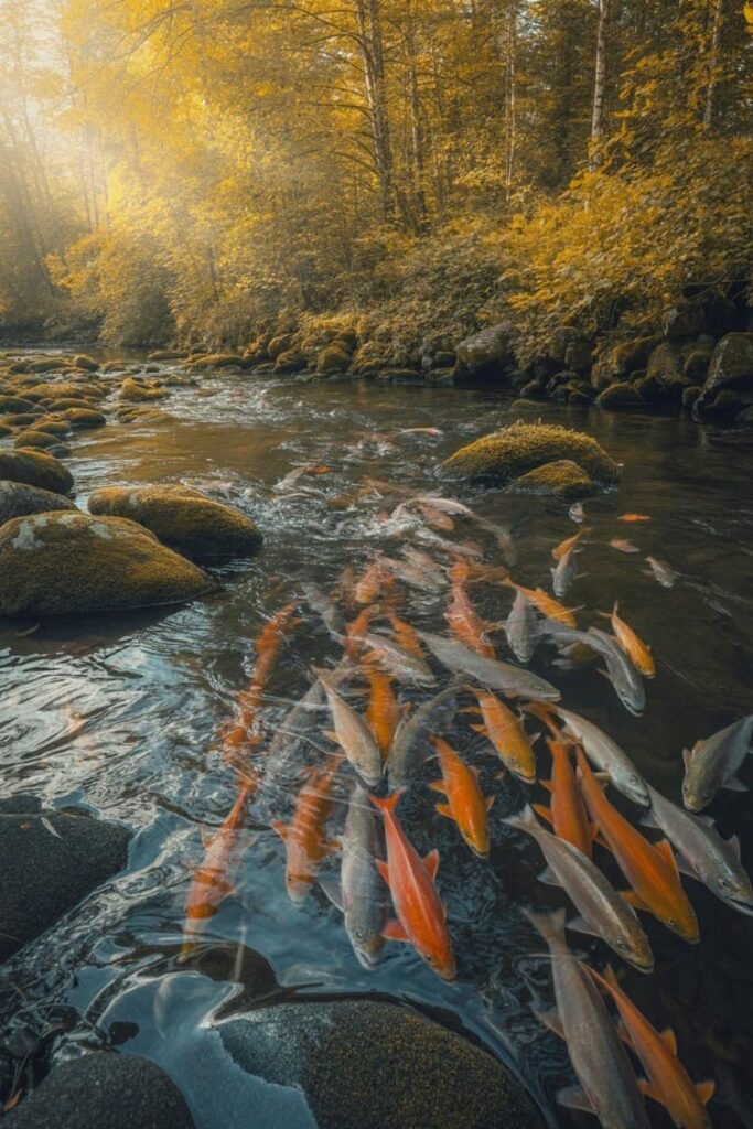 Sixteen Mile Creek salmon run in Oakville Ontario during autumn, showing Chinook salmon leaping upstream through forested valley waters featured in Pathfinders Travel’s Oakville day trip guide.