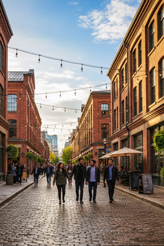 Toronto Distillery District cobblestone streets with Victorian red-brick architecture and shops