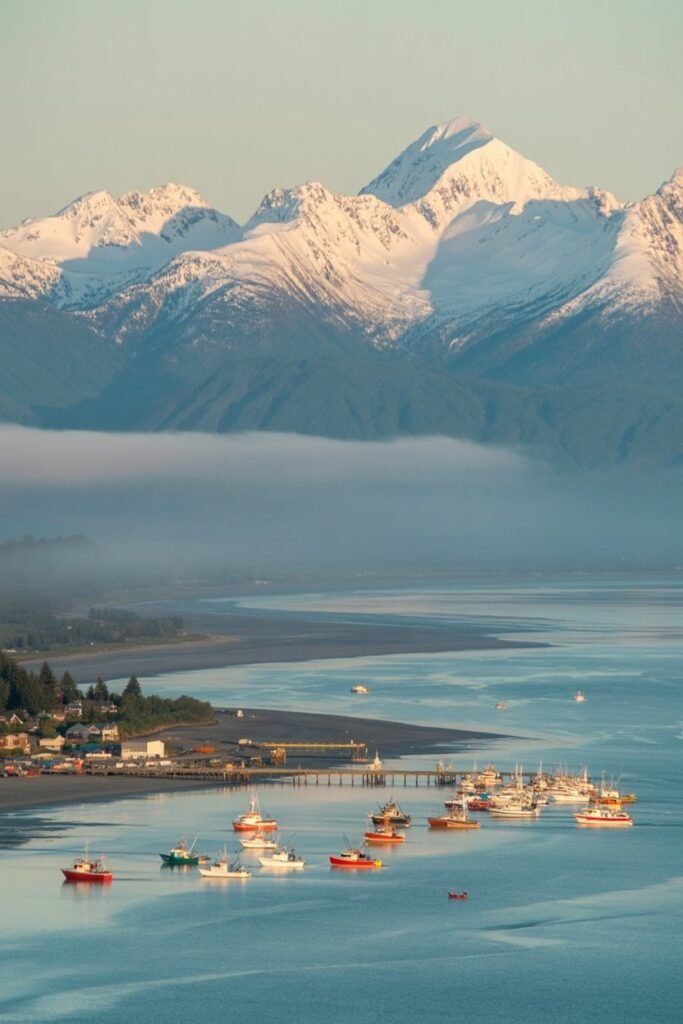 Aerial view of Homer, Alaska, featuring the iconic Homer Spit extending into Kachemak Bay — a scenic highlight of the Kenai Peninsula itinerary in the Kenai Fjords National Park guide by Pathfinders Travel.