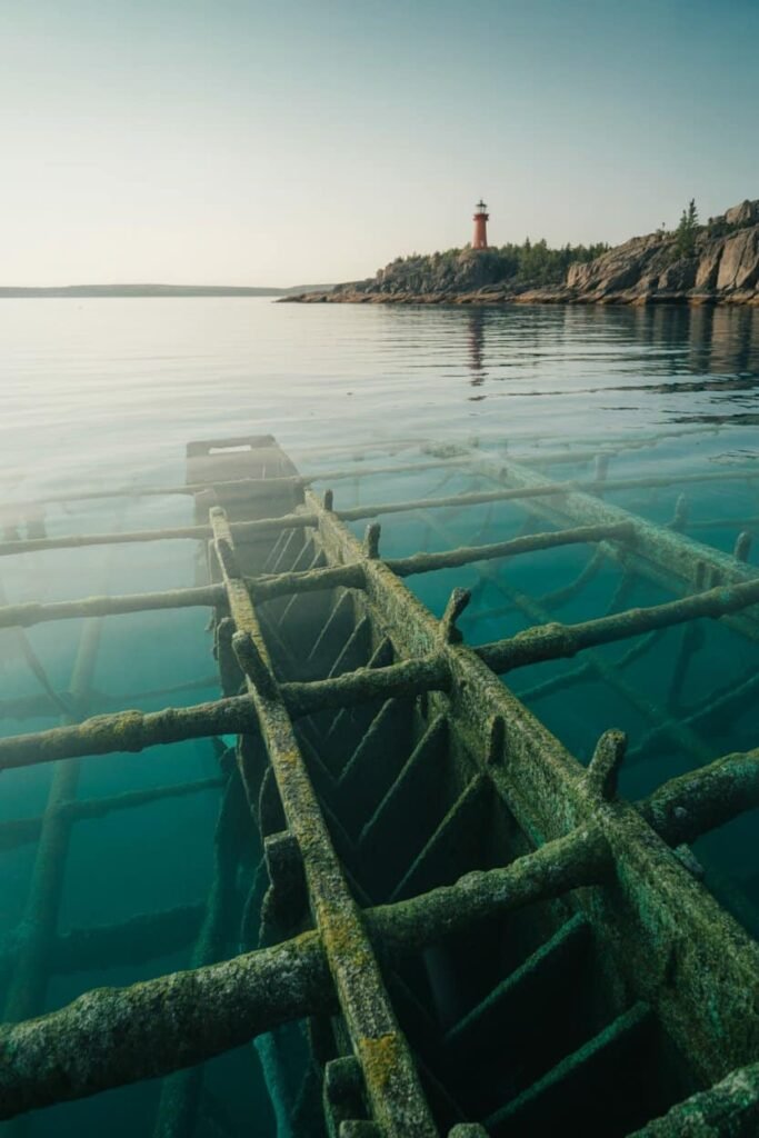 A glass-bottom boat gliding over a preserved shipwreck in Fathom Five National Marine Park, Tobermory, Ontario, with crystal-clear turquoise waters and rocky shoreline visible below.