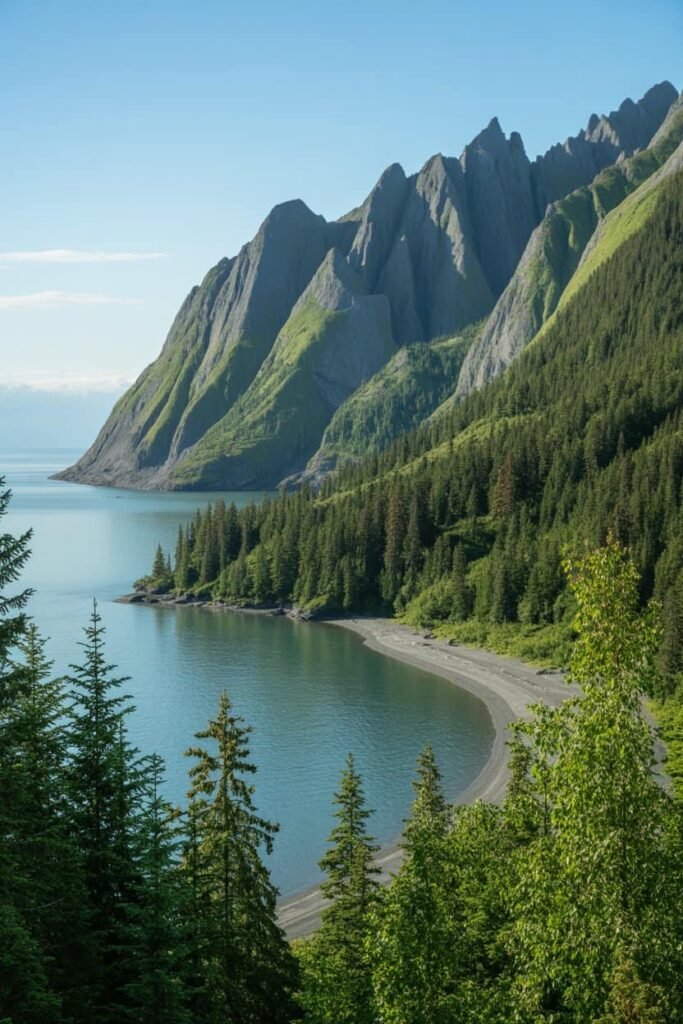 Panoramic view of Kachemak Bay State Park in Alaska, showing rugged coastal cliffs, turquoise waters, and forested mountains — featured in the Kenai Fjords National Park guide by Pathfinders Travel.