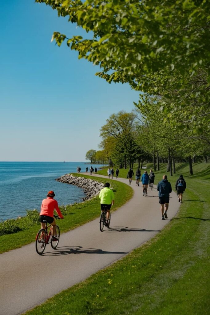 Mississauga Waterfront Trail along Lake Ontario with scenic parks and lakeside views featured in Pathfinders Travel’s Oakville Ontario day trip guide.