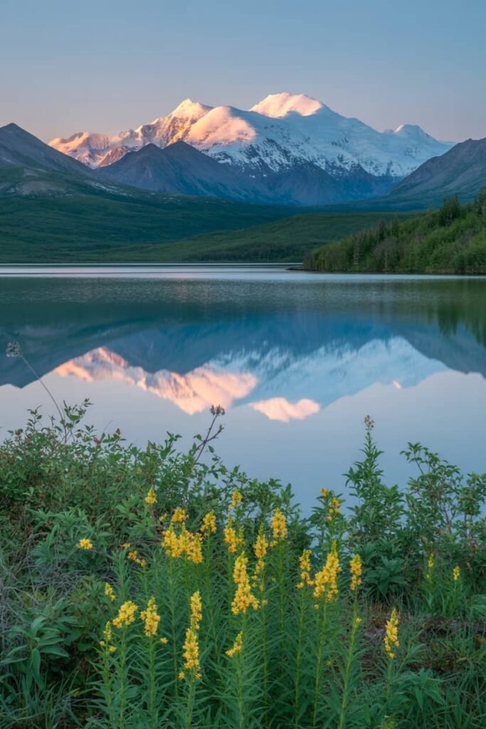 Reflection of Denali Mountain in Wonder Lake on a clear summer day in Denali National Park, Alaska