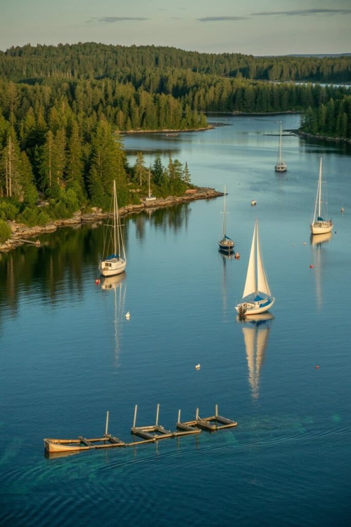 Aerial view of Big Tub Harbour in Tobermory showing turquoise waters, boats, and the surrounding Bruce Peninsula National Park