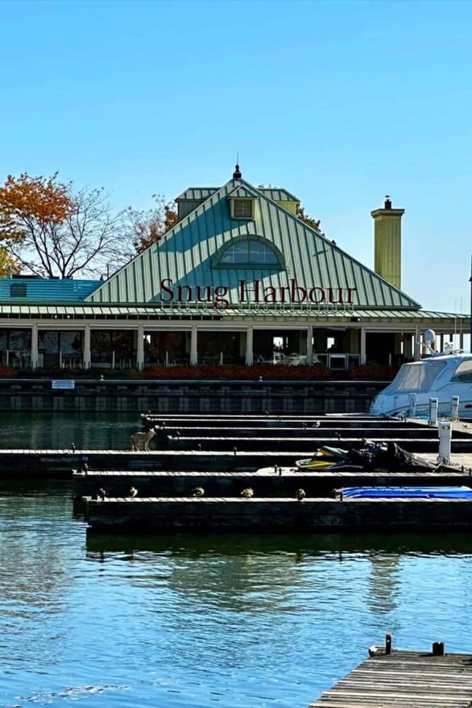 Port Credit waterfront dining Mississauga evening scene along Lake Ontario captured for Pathfinders Travel’s Oakville Ontario day trip guide.
