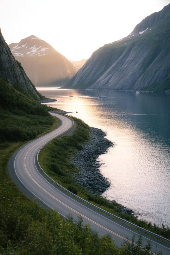 Scenic drive from Seward to Homer along Alaska’s Kenai Peninsula, featuring coastal mountains, forests, and open highway views captured for the Kenai Fjords National Park guide by Pathfinders Travel.
