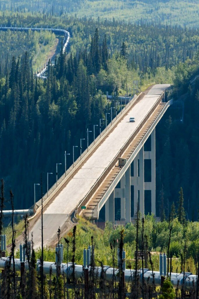 Yukon River Bridge Dalton Highway Alaska travel photo showing the bridge over the Yukon River, part of the Fairbanks and Arctic Circle adventure guide by Pathfinders Travel.