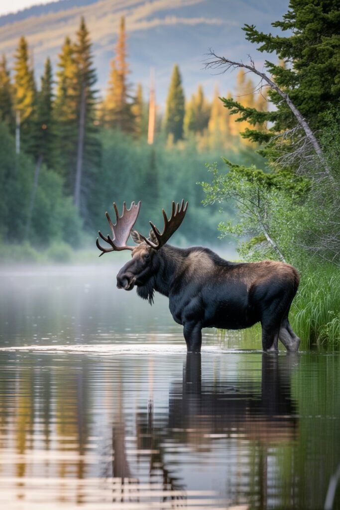 Moose by the Yukon River Alaska wildlife photo showing a moose standing near calm water surrounded by forest reflections — part of Pathfinders Travel’s Fairbanks and Arctic Circle adventure guide.
