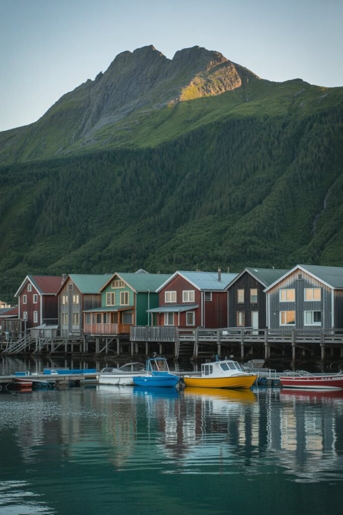 Waterfront lodges in Seward, Alaska overlooking the marina and mountains — featured in the Kenai Fjords National Park travel guide by Pathfinders Travel.
