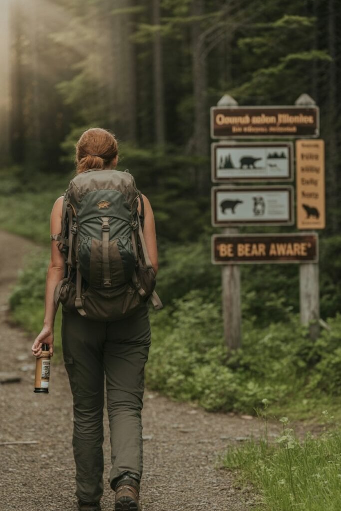 Hiker practicing bear safety on a forest trail in the Kenai Peninsula, Alaska — essential outdoor travel advice featured in the Kenai Fjords National Park guide by Pathfinders Travel.