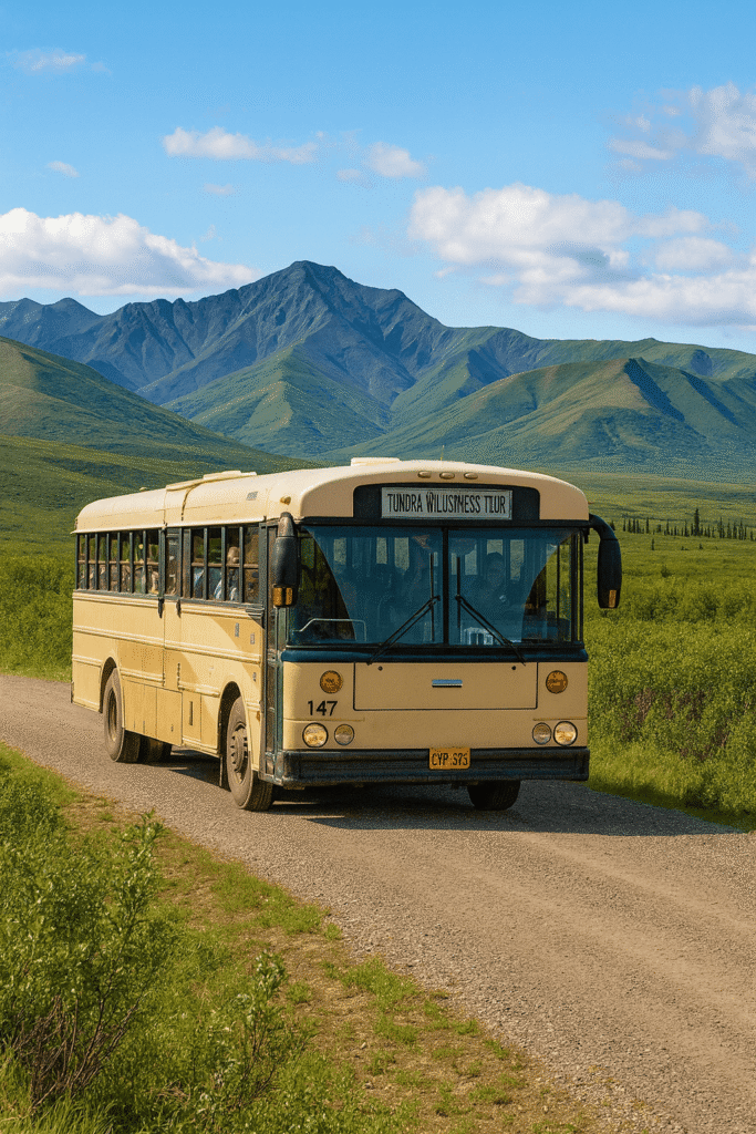 Denali National Park summer landscape with park shuttle bus on gravel road surrounded by green tundra and Alaska Range mountains under bright sunlight