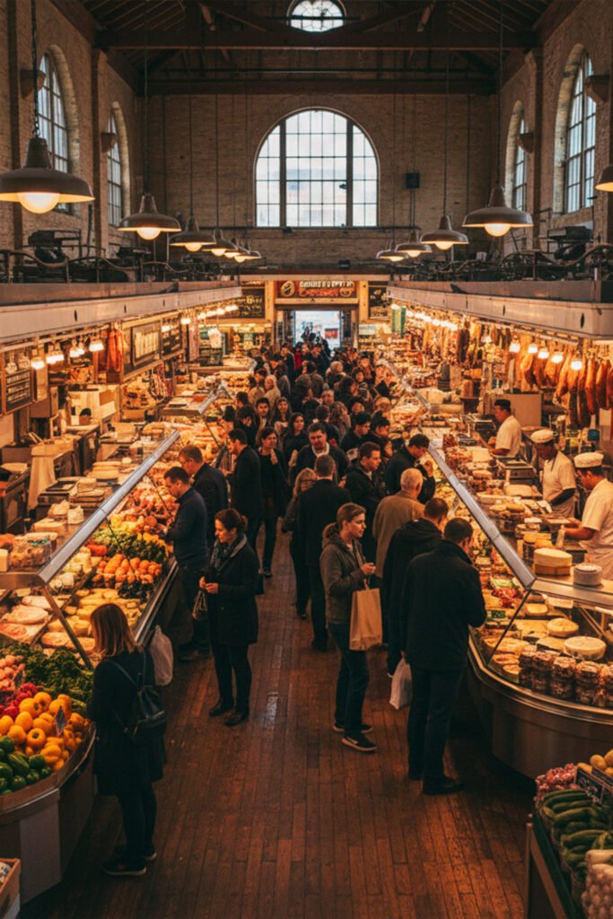 Fresh food stalls inside St. Lawrence Market Toronto with vendors selling local produce and delicacies