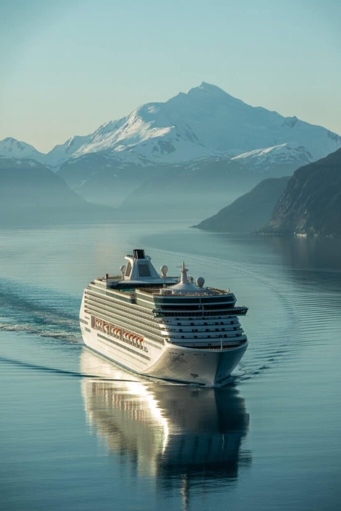 Alaska cruise ship sailing near snow-capped mountains showing Denali connection for travelers combining cruise and park itineraries