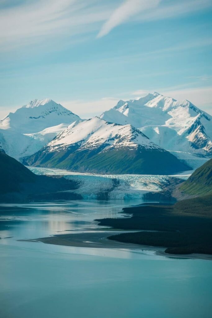 Panoramic view of the Kenai Peninsula in Alaska showing glaciers, fjords, and mountains under clear daylight — part of Pathfinders Travel’s Kenai Fjords National Park guide.