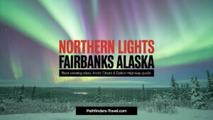 Northern lights over Fairbanks Alaska with vivid green and purple auroras above snow-covered pine forests — featured image for Pathfinders Travel’s Arctic and Dalton Highway guide.