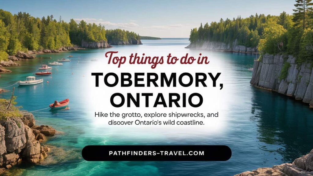 Aerial view of Tobermory, Ontario showcasing turquoise waters, limestone cliffs, and the harbors of Bruce Peninsula National Park — a highlight of top things to do in Tobermory featured by Pathfinders Travel.