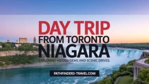 Scenic drive from Toronto to Niagara showcasing vineyards, lakes, and countryside roads along Ontario’s Niagara Peninsula