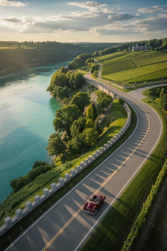 Scenic drive along the Niagara Parkway with vineyards, trees, and the Niagara River — best day trip from Toronto to Niagara