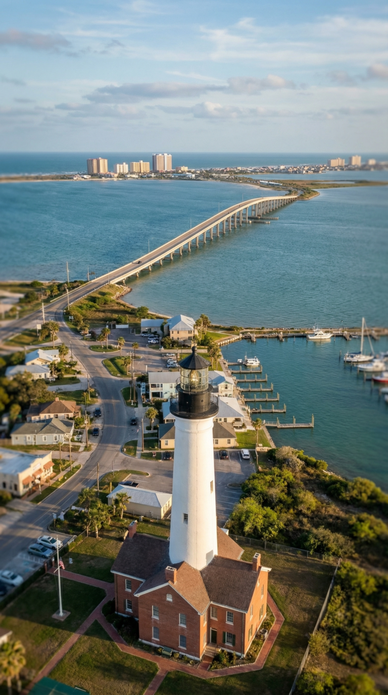 Aerial view of Port Isabel historic downtown and causeway to South Padre Island Texas