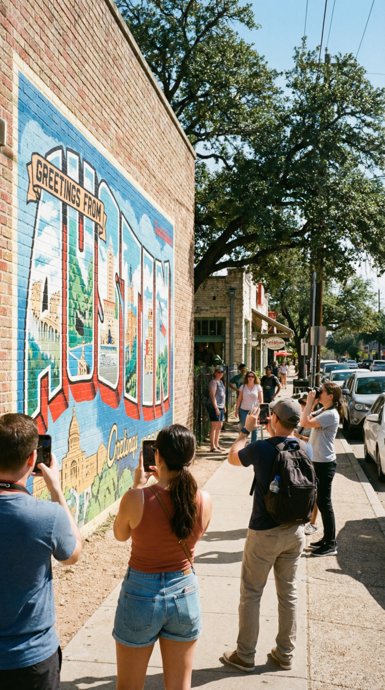 Famous Greetings from Austin mural on South Congress Avenue with visitors