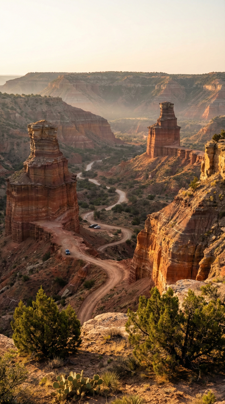 Entrance view into Palo Duro Canyon showing dramatic red rock formations and canyon depth