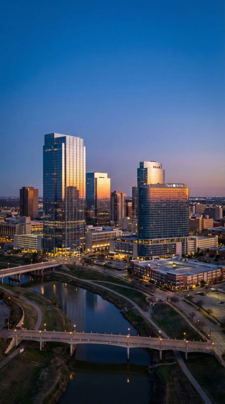 Fort Worth Texas downtown skyline at dusk with Trinity River