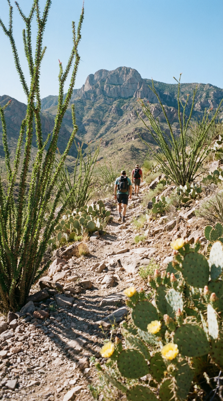 Hikers on rocky desert trail in Franklin Mountains State Park