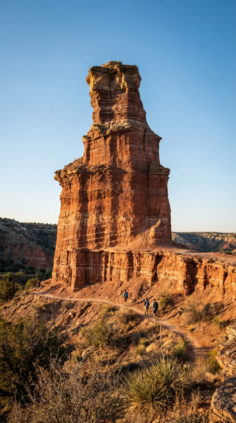 The iconic Lighthouse rock formation towering above hikers on the trail in Palo Duro Canyon