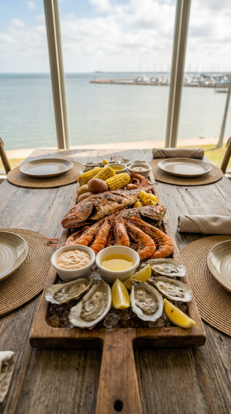 Fresh Gulf seafood platter at a Corpus Christi waterfront restaurant