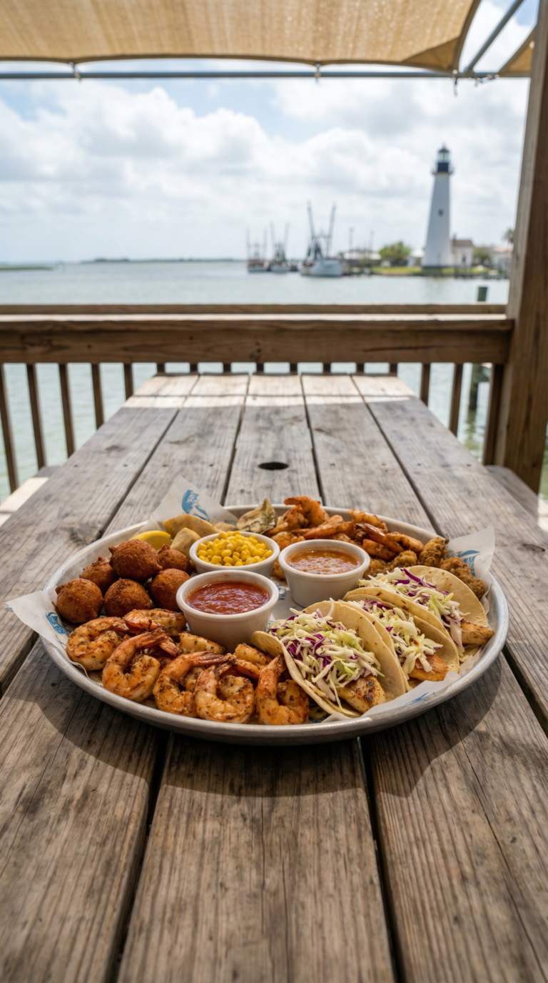 Fresh Gulf seafood platter at Port Isabel Texas waterfront restaurant