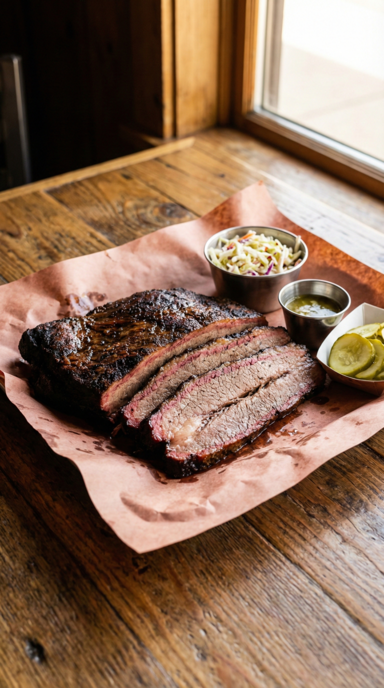 Texas BBQ brisket platter with traditional sides at Austin barbecue restaurant