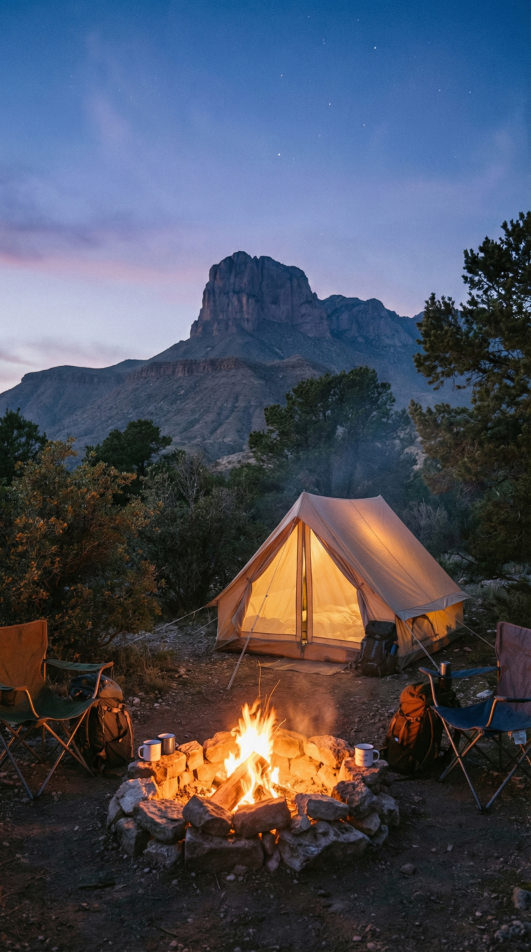 Camping at Guadalupe Mountains National Park campground with mountain backdrop