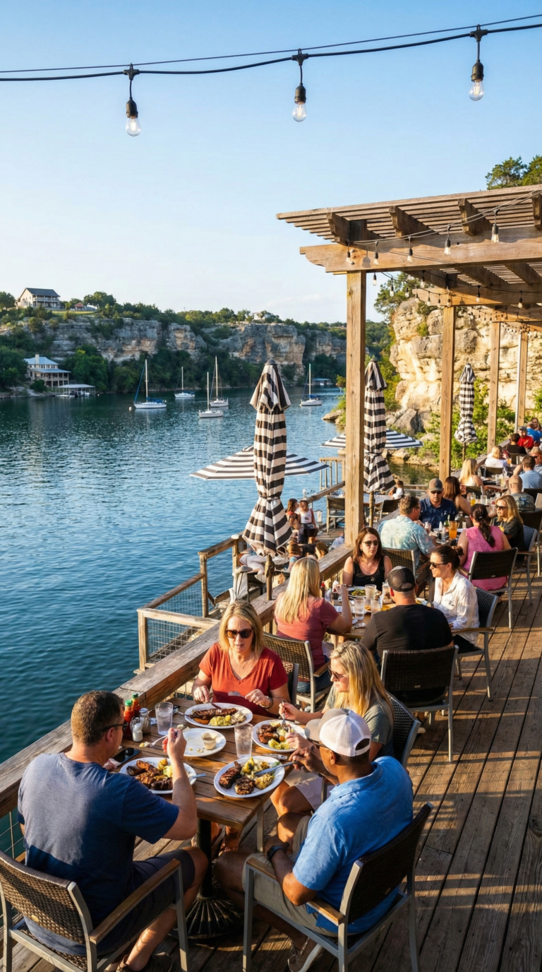 Lakeside dining at Possum Kingdom Lake restaurant with water views