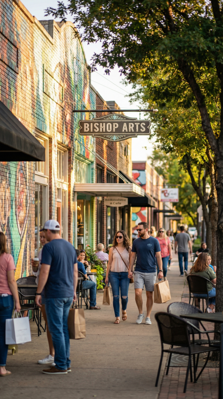 Colorful Bishop Arts District street with murals, shops, and pedestrians in Dallas