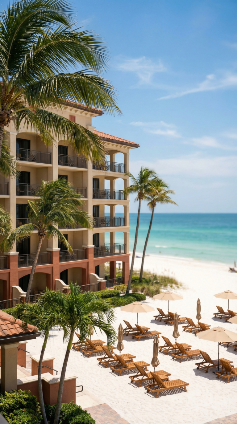 Beachfront hotel resort on Galveston Island with Gulf of Mexico views and palm trees