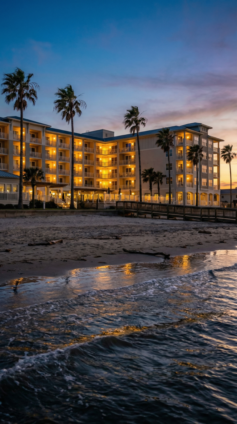 Beachfront hotel in Corpus Christi at sunset with palm trees and Gulf views