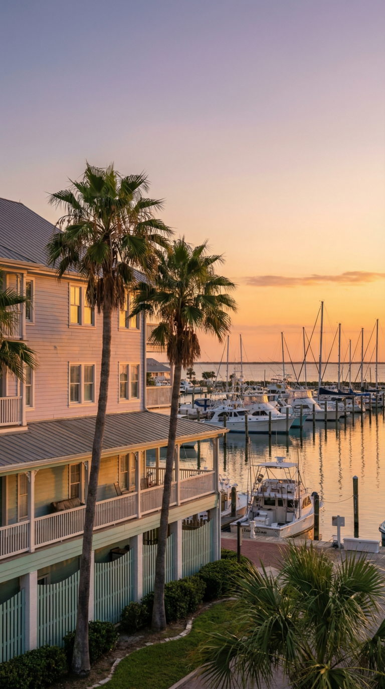 Waterfront hotel accommodation in Port Isabel Texas with marina views