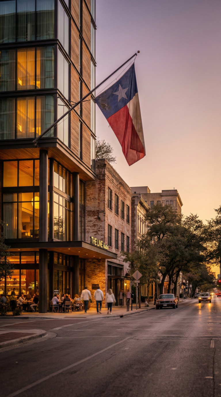 Boutique hotel exterior in downtown Austin at dusk with modern design