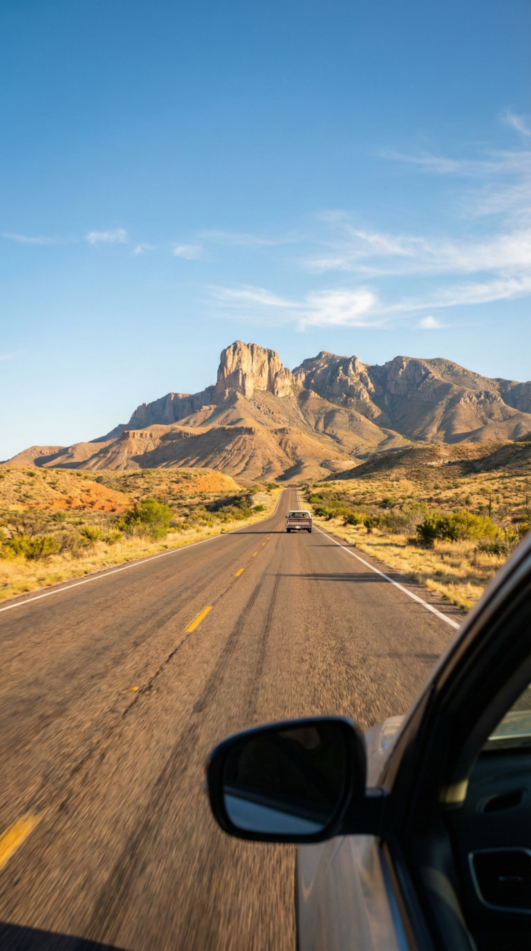Highway approaching Guadalupe Mountains National Park in West Texas