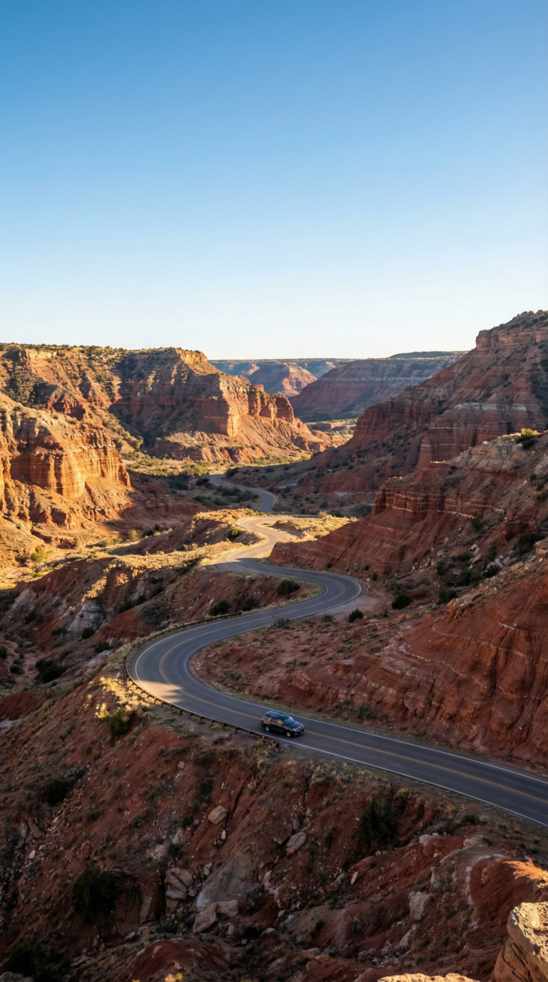 Scenic winding road descending into Palo Duro Canyon State Park with red rock formations