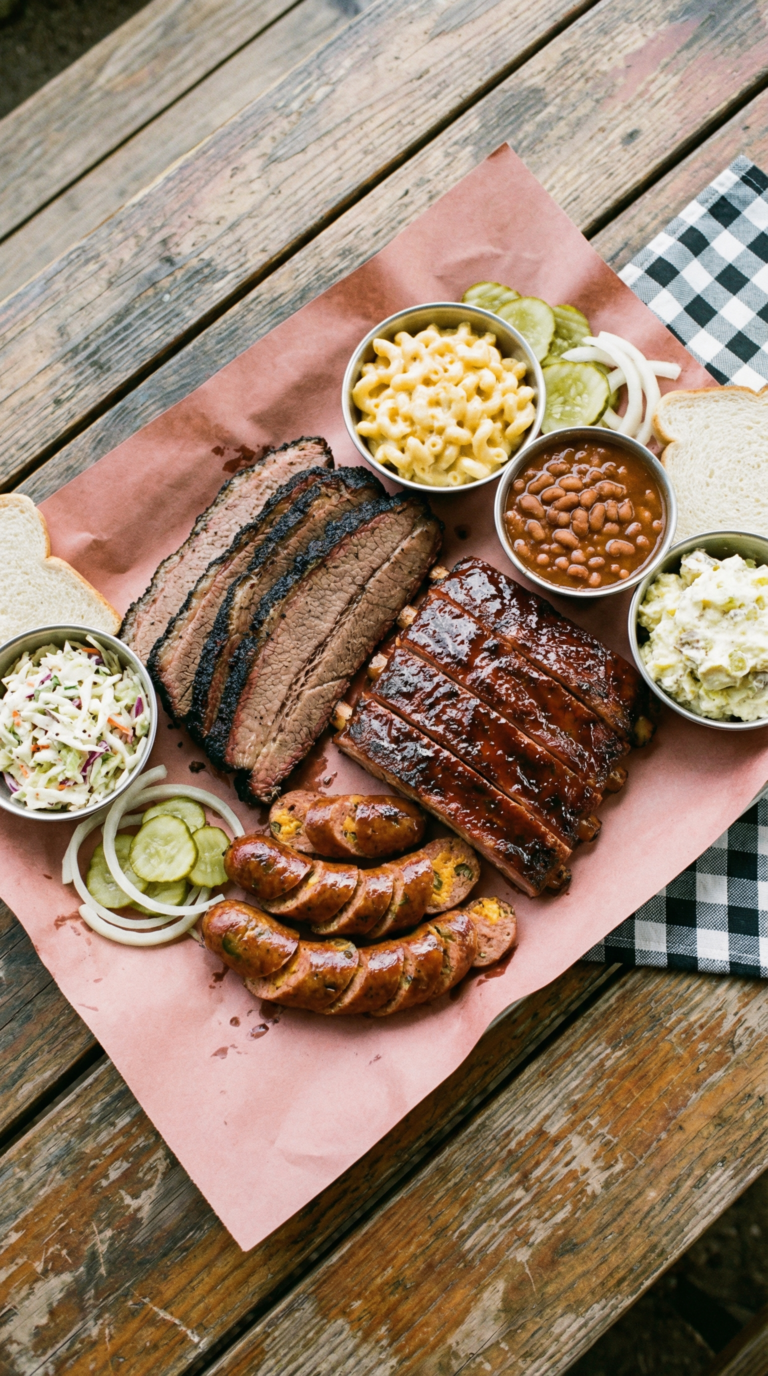 Texas barbecue platter with brisket and ribs on butcher paper in Dallas restaurant