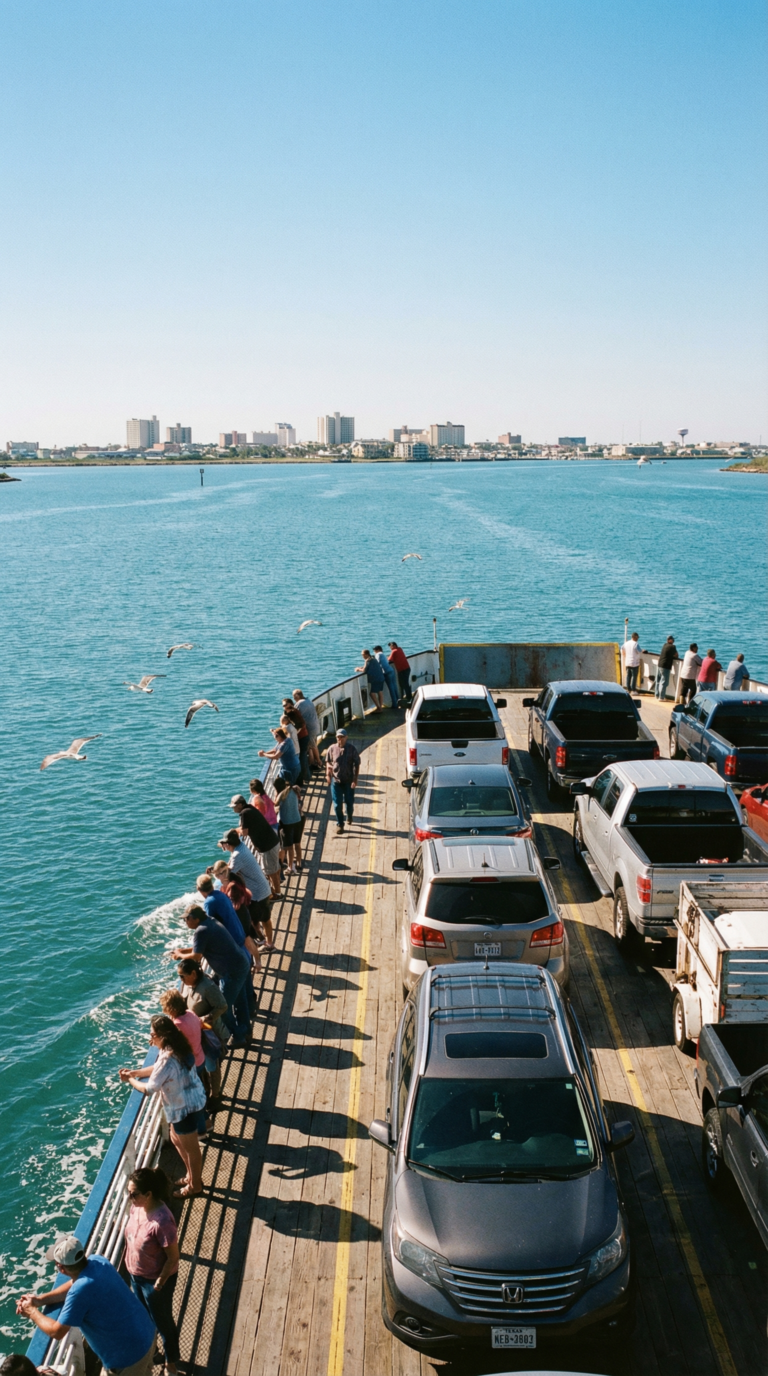 Galveston-Bolivar ferry boat crossing to Galveston Island with cars and passengers on deck