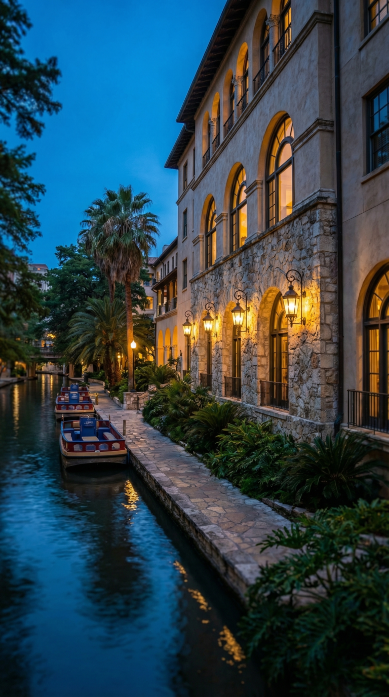 Luxury hotel along San Antonio Riverwalk at dusk with elegant Spanish colonial architecture